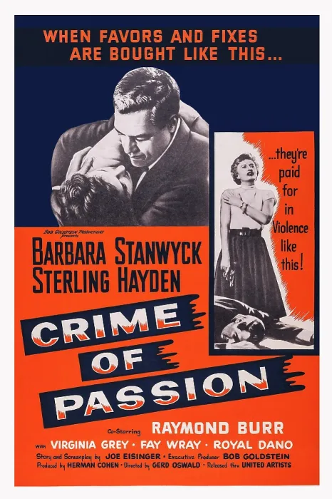 Framed Print : CRIME OF PASSION, poster art, top l-r: Barbara Stanwyck, Raymond Burr, right: Barbara Stanwyck, 1957