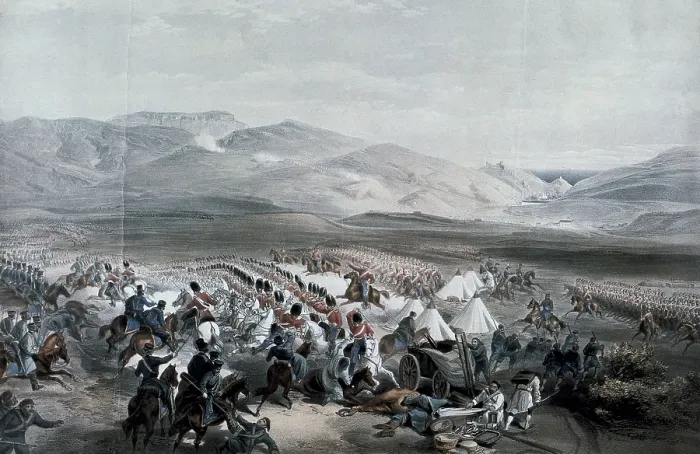 Framed Print : Crimean War, 1853-1856. Battle of Balaklava on 25 October 1854. Charge of the Light Brigade of the British cavalry. Royal Scots Greys and Dragoons of Inniskillen. Engraving of E