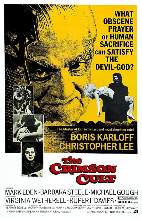 Framed Print : THE CRIMSON CULT, (aka THE CRIMSON ALTAR; aka CURSE OF THE CRIMSON ALTAR); top left: Boris Karloff; 3 inset photos on left, from top: Barbara Steele; center photo
