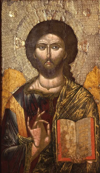 Framed Print : Cristo Pantocrator, attributed to Onufri Qiprioti, begin of the 17th Century, tempera on wood - Romania, Bucarest, National Museum of Romanian Art. Whole artwork view