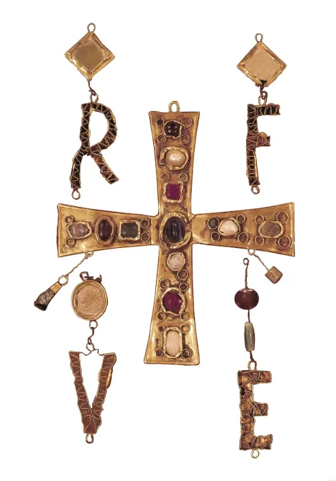 Framed Print : Cross and letters with inlay of precious stones belonging to the Treasury of Torredonjimeno. 7th c. Visigothic art. Jewelry. SPAIN. Barcelona. Archaeology Museum of Catalonia