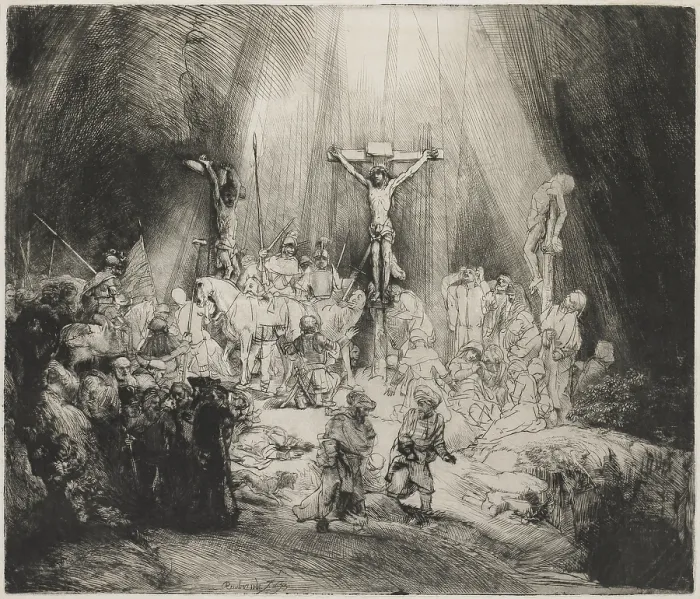 Framed Print : Three Crosses, by Rembrandt van Rijn, 1633, Dutch print, engraving, drypoint Framed Print : Three Crosses, by Rembrandt van Rijn, 1633, Dutch print, engraving, drypoint
