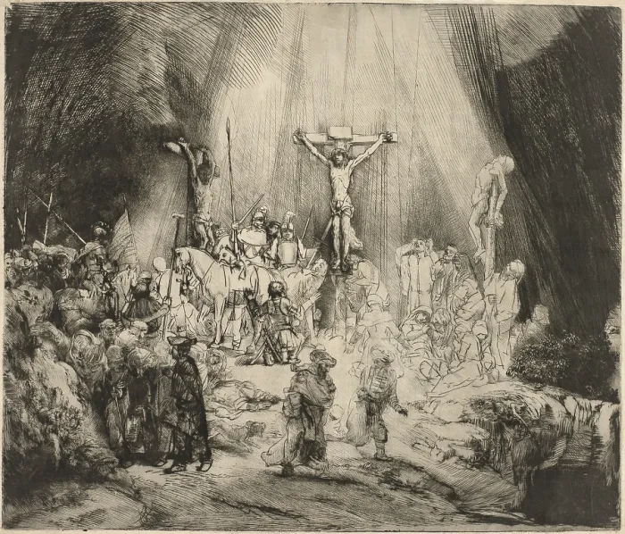 Framed Print : Three Crosses, by Rembrandt van Rijn, 1633-53, Dutch print, engraving, drypoint