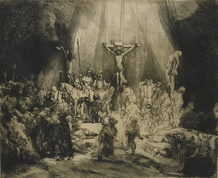 Framed Print : Three Crosses, by Rembrandt van Rijn, 1633-53, Dutch print, engraving, drypoint