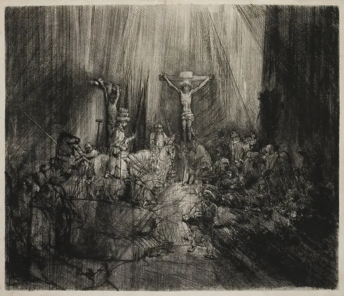 Framed Print : Three Crosses, by Rembrandt van Rijn, 1633-53, Dutch print, engraving, drypoint