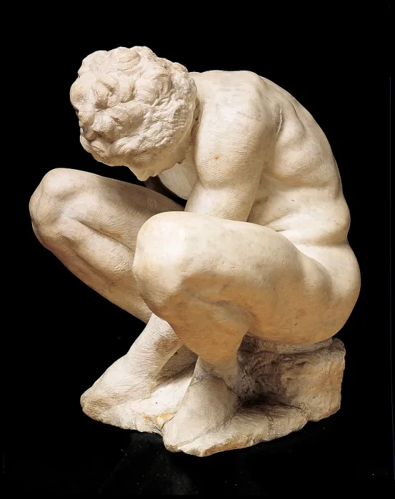 Framed Print : Crouching Boy, by Michelangelo Buonarroti, 1530 - 1534, 16th Century, marble, h. 45 cm - Russia, St. Petersburg, The State Hermitage Museum. Whole artwork view