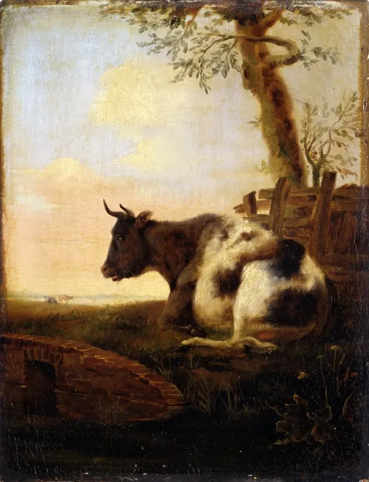 Framed Print : Crouching Cow, after Jan Kobell II, first half of the 19th Century, oil on board, 20 x 26 cm - Italy, Lombardy, Milan, Castello Sforzesco, Civic Collections of Ancient Art
