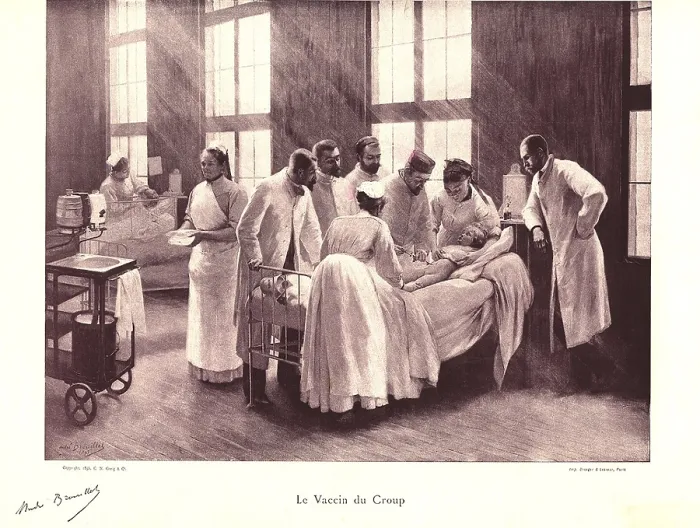Framed Print : Croup vaccination. Doctor administers a croup vaccination into the abdomen of little girl as a group of doctors and nurses observe