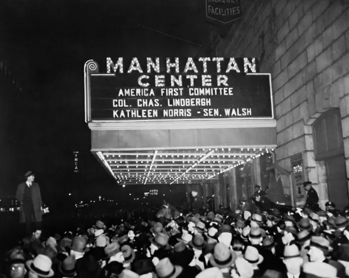 Framed Print : Crowd beneath Manhattan Center marquee for America First Committee'. April 4, 1941. Listed speakers are Col