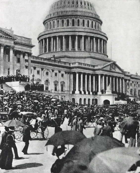 Framed Print : Crowd at the Capitol awaiting the arrival of Coxey's army on May 1, 1894. Congressmen are gathered on the upper steps (BSLOC_2018_2_103)