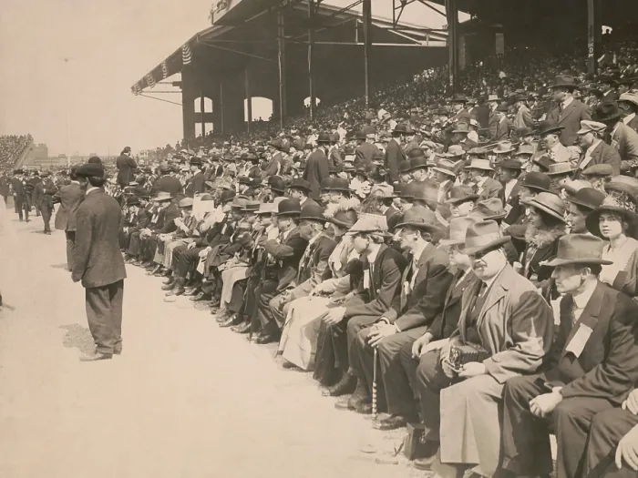 Framed Print : Crowd of Chicago White Sox fans at Comiskey Park, c. 1910-1913. The men in the crowd are dressed in business suits and hats
