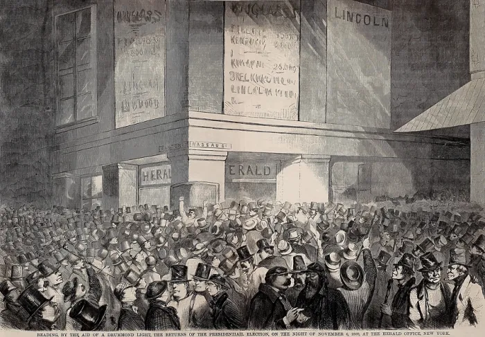 Framed Print : Crowd gathered at the New York Herald office watching the returns of the 1860 presidential election, Nov. 6, 1860