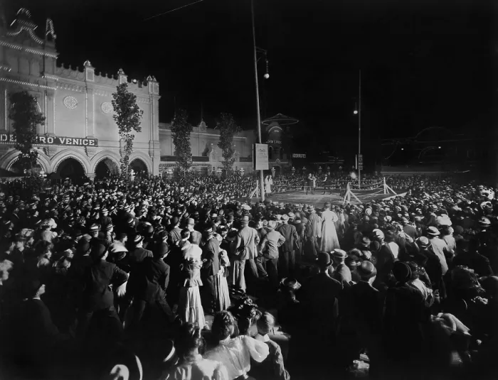 Framed Print : Crowd gathered for a nighttime boxing match in Chicago's White City Amusement Park, July 1907. They may be waiting for the 11:00 PM John L Framed Print : Crowd gathered for a nighttime boxing match in Chicago's White City Amusement Park, July 1907. They may be waiting for the 11:00 PM John L