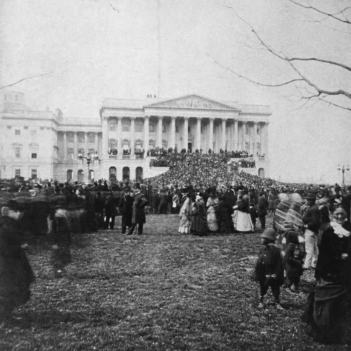 Framed Print : Crowd on the lawn of the Senate wing of the U.S. Capitol at Rutherford B. Hayes inauguration. March 5, 1877 (BSLOC_2016_14_132)