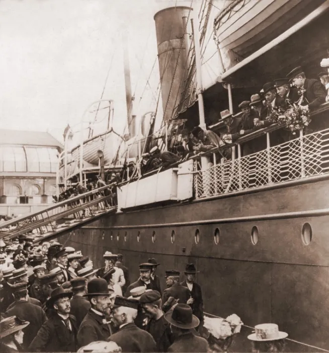 Framed Print : Crowd at the pier sees off the S.S. ANGELO, of the Wilson Line steamship line, leaving Oslo, Norway, with emigrants for America. Ca. 1905 Framed Print : Crowd at the pier sees off the S.S. ANGELO, of the Wilson Line steamship line, leaving Oslo, Norway, with emigrants for America. Ca. 1905