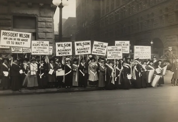 Framed Print : Crowd of women's suffrage supporters demonstrating with signs reading, Wilson Against Women, in Chicago on October 20, 1916 Framed Print : Crowd of women's suffrage supporters demonstrating with signs reading, Wilson Against Women, in Chicago on October 20, 1916