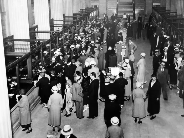 Framed Print : Crowds in the lobby of a Detroit Bank. New National Bank opened in Detroit, formed by Capital Subscribed by General Motors Corp and the Reconstruction Finance Corporation