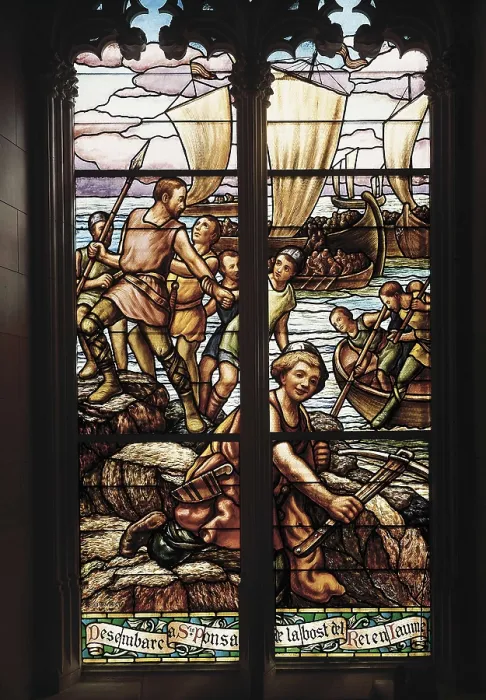 Framed Print : Crown of Aragon (13th c.). James I. Conquest of Majorca (1229). Jaume I's soldiers landind in Santa Ponsa. Multicoloured stained glass