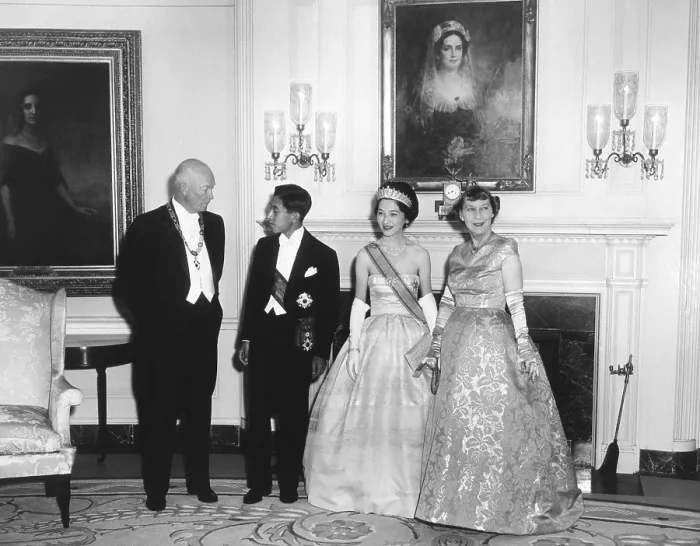 Framed Print : Crown Prince Akihito and Princess Michiko of Japan with the Eisenhowers. They pose for photographs before a State Dinner at the White House. Sept. 27, 1960 - (BSLOC_2014_16_229)