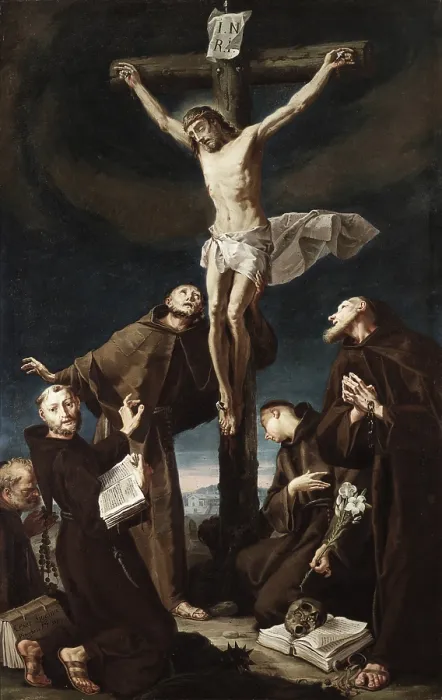 Framed Print : Crucifix with Saint Anthony from Padua, Saint Joseph from Leonessa, Saint Fedele from Sigmaringen and two others saints, 1739, 18th Century, oil on canvas - Italy, Lombardy