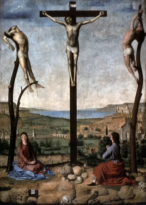 Framed Print : Crucifixion, by Antonello di Antonio also known as Antonello da Messina, 1475, 15th Century, oil on board - Belgium, Anversa, Royal Museum of Fine Arts. WHole artwork view