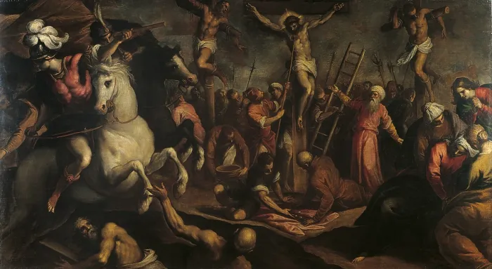 Framed Print : Crucifixion, by Jacopo Negretti known as Palma the Younger, 1595 about, 16th Century, canvas, cm 214 x 393 - Italy, Emilia Romagna, Bologna, National Picture Gallery. All
