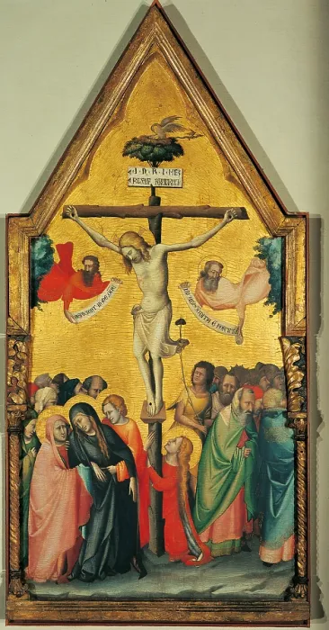 Framed Print : Crucifixion, by probably Pseudo Dalmasio, 1340 - 1350 about, 14th Century, tempera on panel, cm 125 x 61, 5 - Italy, Emilia Romagna, Bologna, National Picture Gallery