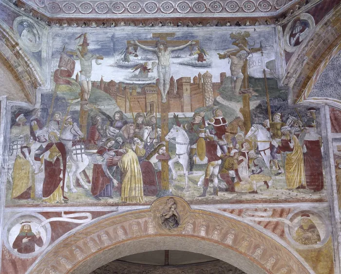 Framed Print : Crucifixion and Prophets, by Unknown Artist, 15th Century, fresco - Italy, Lombardy, Castelleone, Santa Maria di Bressanoro. Whole artwork view Framed Print : Crucifixion and Prophets, by Unknown Artist, 15th Century, fresco - Italy, Lombardy, Castelleone, Santa Maria di Bressanoro. Whole artwork view