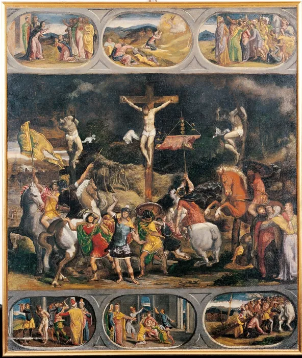 Framed Print : Crucifixion with Scenes from the Passion, by Giovanni da Monte, 1557 - 1583, 16th Century, oil on canvas, cm 135 x 114 - Italy, Lombardy, Milan, Archbishopric. All
