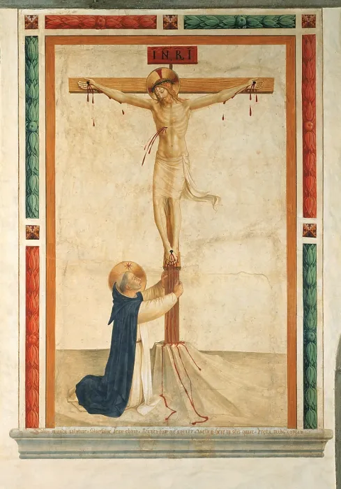 Framed Print : Crucifixion with St Dominic, by Benozzo di Lese di Sandro known as Benozzo Gozzoli and Guido di Pietro (or Piero) known as Beato Angelico, 15th Century, 1438 -1446 about, fresco