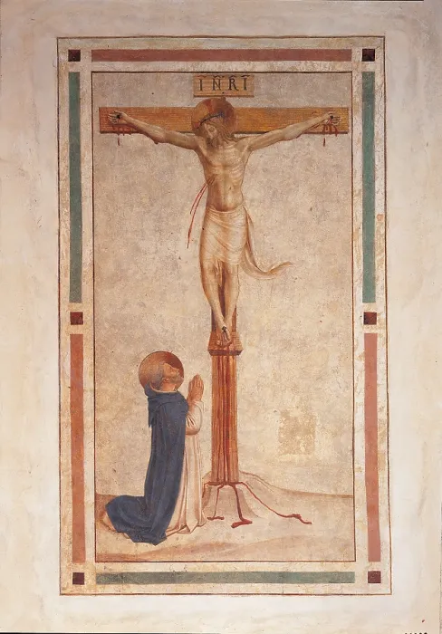 Framed Print : Crucifixion with St Dominic, by Guido di Pietro (Piero) known as Beato Angelico, 1438 - 1446 about, 15th Century, fresco, - Italy, Tuscany, Florence, San Marco Museum. All