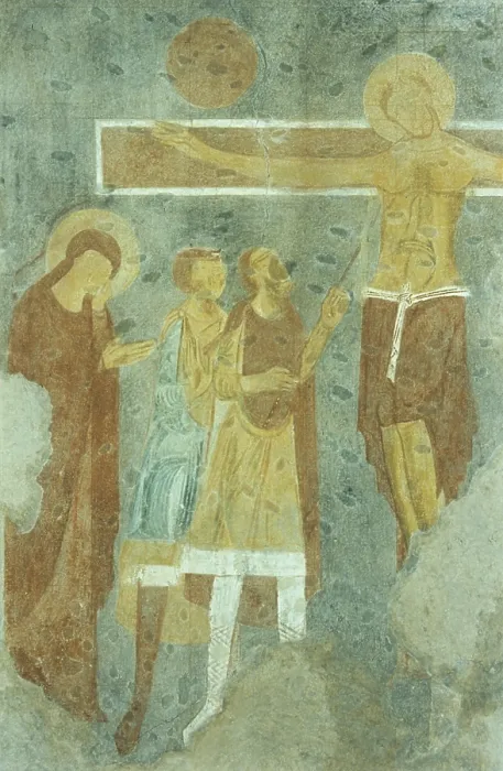 Framed Print : Crucifixion, by Unknown Artist, 13th century, fresco - Italy, Sardinia, Galtelli, Church of Saint Peter. Detail