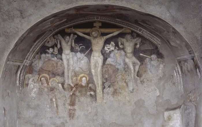 Framed Print : Crucifixion, by Unknown Artist, 15th Century, fresco - Italy, lombardy, Cerete Alto, former Church of Saints James and Philip. Detail