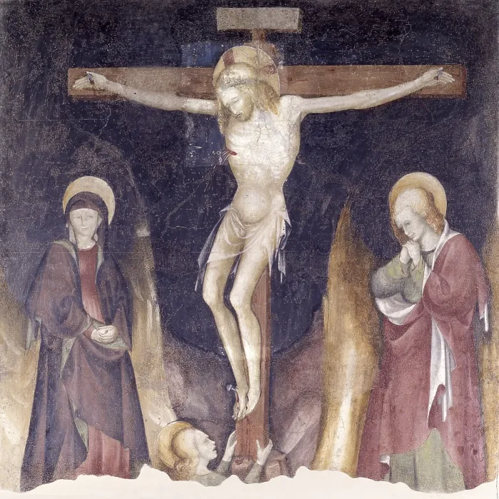Framed Print : Crucifixion, by Unknown Artist of the Workshop of the Zavattari Brothers, 15th Century, fresco - Italy, Lombardy, Crevenna, Ermo of Saint Salvatore. Whole artwork view