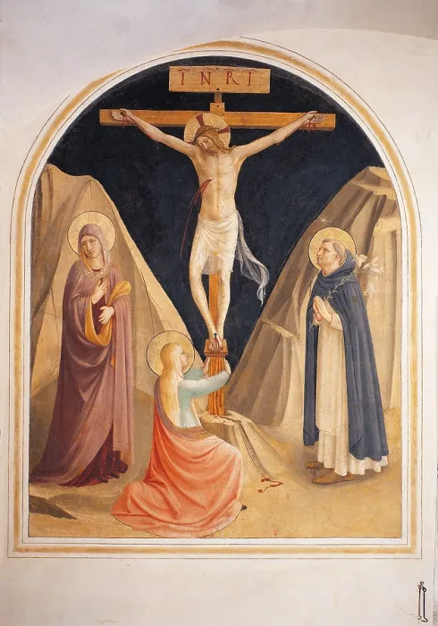 Framed Print : The Crucifixion with the Virgin, Mary Magdalene and St Dominic, by Guido di Pietro (Piero) known as Beato Angelico, 1438 - 1446 about, 15th Century, curved fresco, - Italy