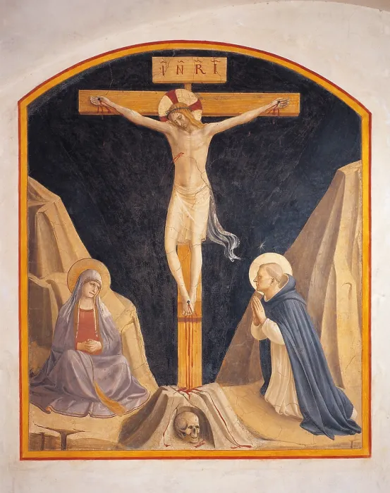 Framed Print : The Crucifixion with the Virgin Mary and St Dominic, by Guido di Pietro (Piero) known as Beato Angelico, 1438 - 1446 about, 15th Century, curved fresco, - Italy, Tuscany