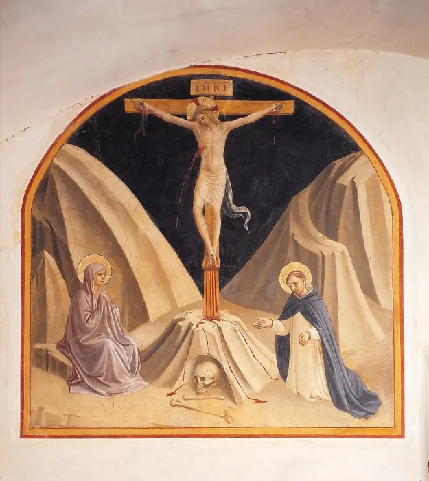 Framed Print : The Crucifixion with the Virgin Mary and St Dominic, by Guido di Pietro (Piero) known as Beato Angelico, 1438 - 1446 about, 15th Century, curved fresco, - Italy, Tuscany Framed Print : The Crucifixion with the Virgin Mary and St Dominic, by Guido di Pietro (Piero) known as Beato Angelico, 1438 - 1446 about, 15th Century, curved fresco, - Italy, Tuscany