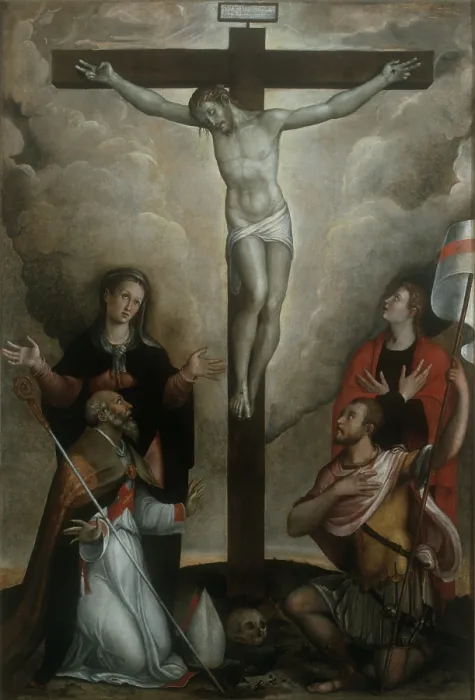 Framed Print : Crucifixion with the Virgin and Saint John, Apollinaris and Vitale (Crocifisso con la Vergine e i Santi Giovanni, Apollinare e Vitale), by Francesco Longhi Framed Print : Crucifixion with the Virgin and Saint John, Apollinaris and Vitale (Crocifisso con la Vergine e i Santi Giovanni, Apollinare e Vitale), by Francesco Longhi