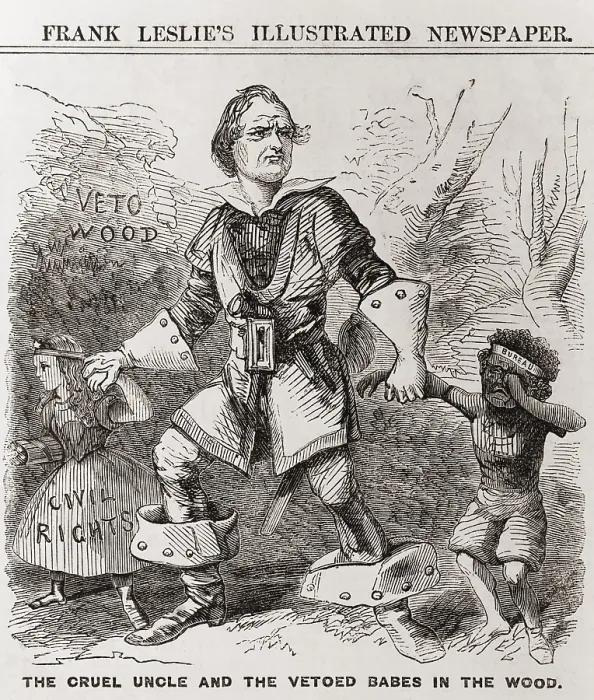 Framed Print : THE CRUEL UNCLE AND THE VETOED BABES IN THE WOOD, is a political cartoon about President Andrew Johnson's controversial vetoes of 1866