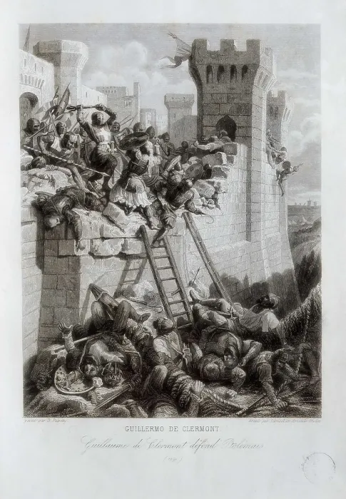 Framed Print : Crusades. Guillaume de Clermont defending Ptolemais (Acre) in 1291. After an original painting by Dominique Papety (1845). Engraving. SPAIN. Barcelona