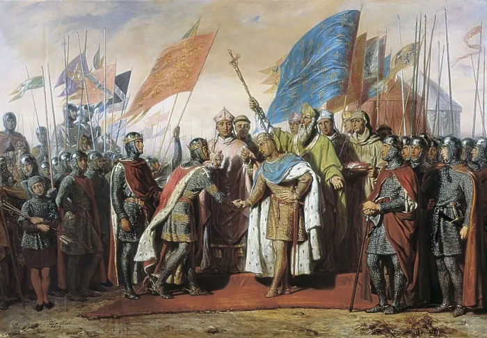 Framed Print : Crusades. Meeting between Philippe August and Henry II in Gisors (January 21, 1188). After and original painting by Gillot Saint-Evre (1839). Engraving. SPAIN. Barcelona