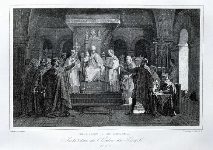 Framed Print : Crusades. Pope Honorius II confirms the Knights Templar Order at the Council of Troyes. Engraving. SPAIN. Barcelona. Biblioteca de Catalunya (National Library of Catalonia)