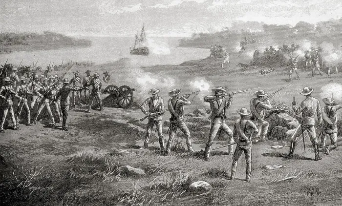 Framed Print : Cuban Independence WarSpanish-American War. Battalion Alfonso XIII in the defense of the coast of Pinar del Rio. Engraving. AISA / Everett Collection (68850)**US SALES ONLY** Framed Print : Cuban Independence WarSpanish-American War. Battalion Alfonso XIII in the defense of the coast of Pinar del Rio. Engraving. AISA / Everett Collection (68850)**US SALES ONLY**