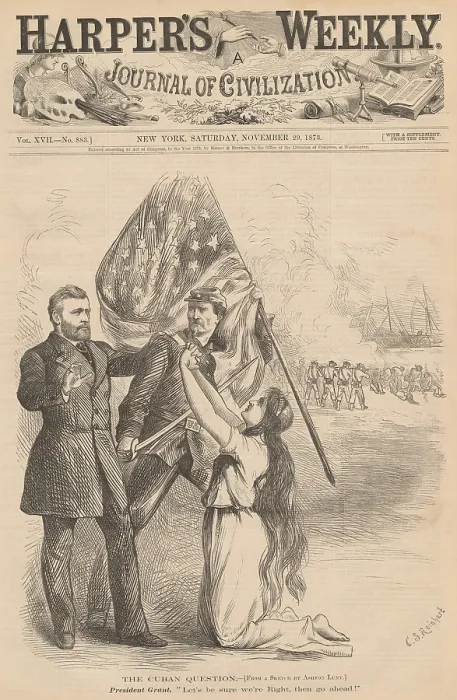 Framed Print : The Cuban Question, a 1873 political cartoon, shows President Grant resisting impulsive intervention in Cuba's anti-colonialist unrest Framed Print : The Cuban Question, a 1873 political cartoon, shows President Grant resisting impulsive intervention in Cuba's anti-colonialist unrest