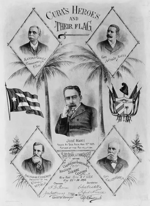 Framed Print : Cuba's heroes and their flag 1896 Portraits of Maximo Gomez, Gen. Antonio Maceo, Jos Mart, Salvador Cisneros, and Gen. Calixto Garcia. 1896