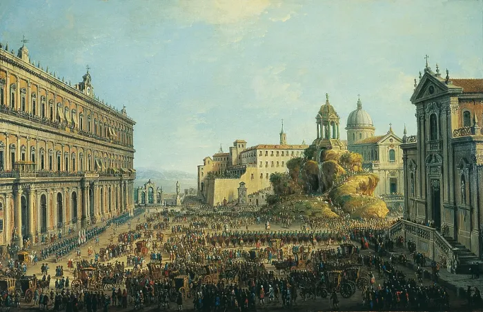 Framed Print : Cuccagna in Largo di Palazzo (Cuccagna a Largo di Palazzo), by Antonio Joli, 18th Century, oil on canvas, 49 x 76 cm - Whole artwork view