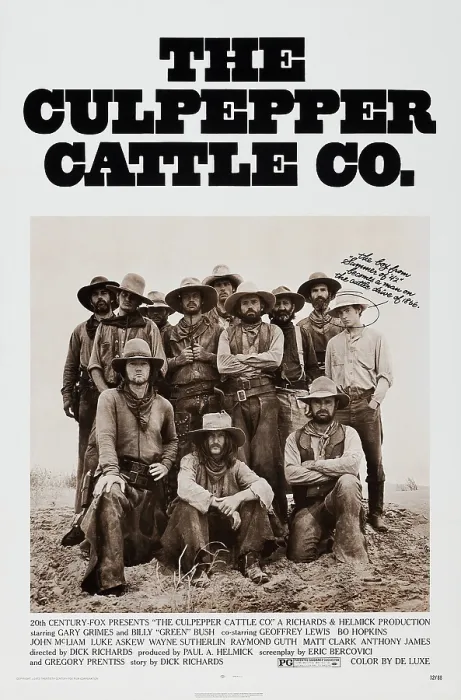 Framed Print : THE CULPEPPER CATTLE CO. US poster, standing from left: Charles Martin Smith, Bo Hopkins, Geoffrey Lewis (hands on shirt), Matt Clark (arms folder), Raymond Guth