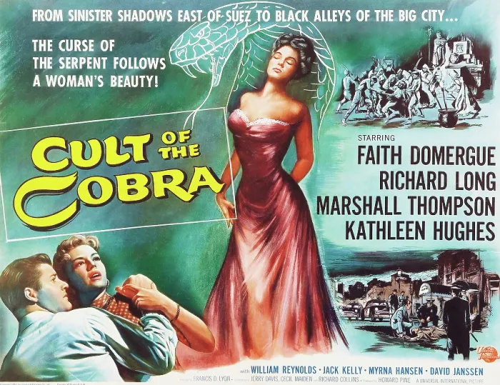 Framed Print : CULT OF THE COBRA, center: Faith Domergue, bottom l-r: Marshall Thompson, Kathleen Hughes on title card, 1955
