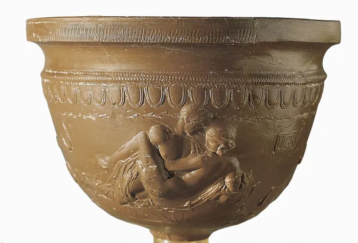 Framed Print : Cup made with Aretian 'terra sigillata' depicting an erotic scene. It belongs to school of Perenius. Roman art. Early Empire. Ceramics. SPAIN. Barcelona