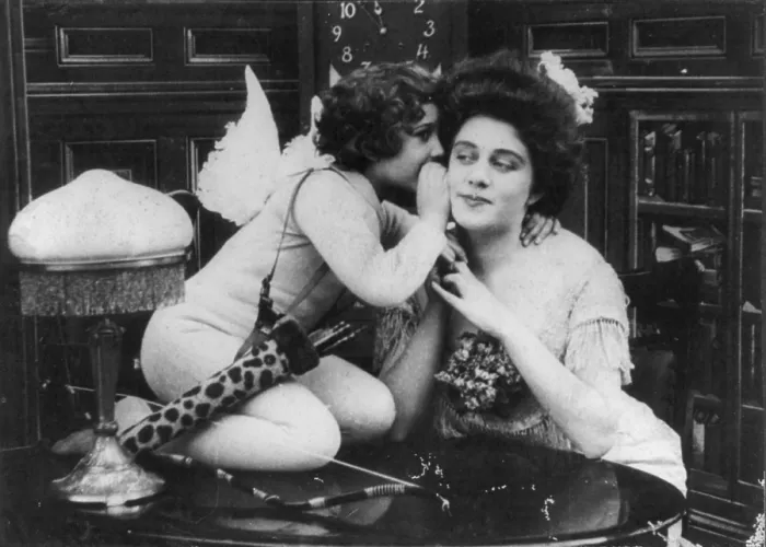 Framed Print : CUPID'S PRANKS, - Scene 1, Violette Hill (left), motion picture still by the Edison Manufacturing Company, 1908